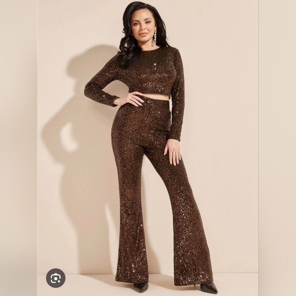 Marciano Chocolate Moonlight Sequin Pant Set Size Xs Pant & Small Top